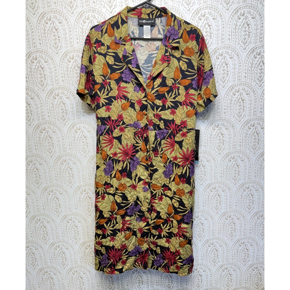 Sag Harbor Tropical Floral Dress Womens XL Green Rayon Button Front Tie Back Vtg